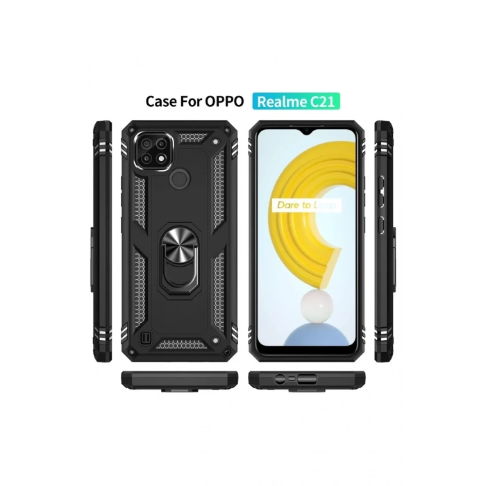 Newface Realme C21 Kılıf Sofya Yüzüklü Silikon Kapak - Siyah