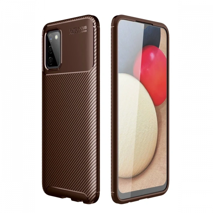 Newface Samsung Galaxy A02S Kılıf Auto Focus Karbon Kapak - Kahverengi