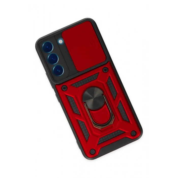 Newface Samsung Galaxy S22 Kılıf Pars Lens Yüzüklü Silikon - Kırmızı