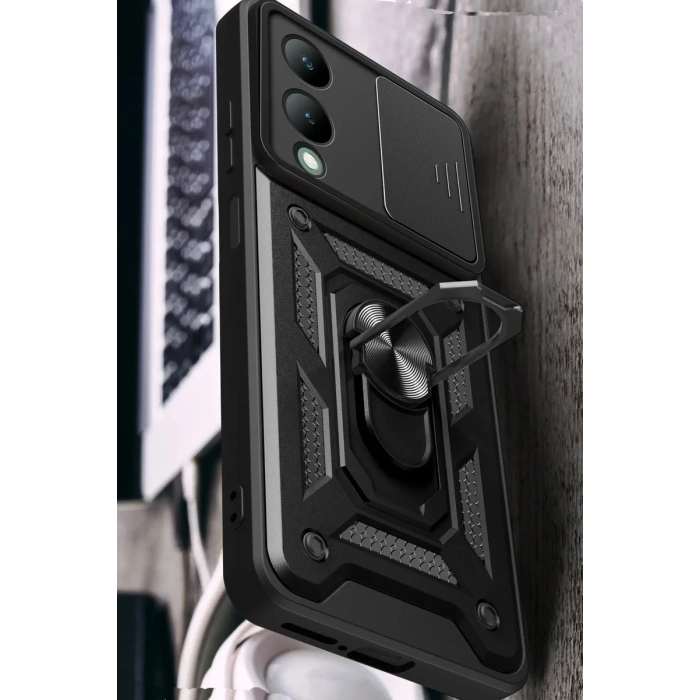 Newface Vivo Y17S Kılıf Pars Lens Yüzüklü Silikon - Siyah