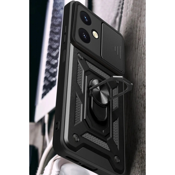 Newface Vivo Y27 Kılıf Pars Lens Yüzüklü Silikon - Siyah