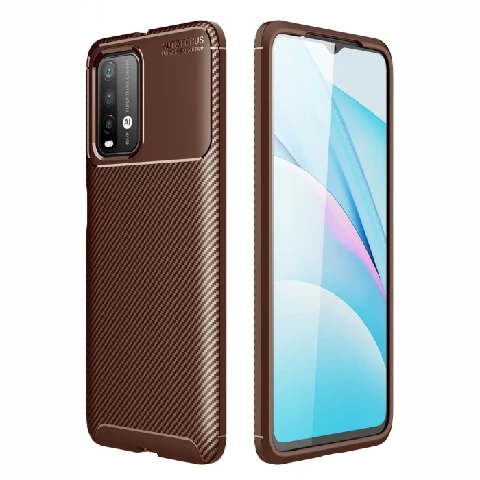 Newface Xiaomi Redmi 9T Kılıf Auto Focus Karbon Kapak - Kahverengi