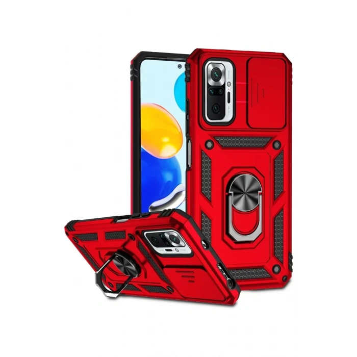 Newface Xiaomi Redmi Note 10 Pro Kılıf Pars Lens Yüzüklü Silikon - Kırmızı
