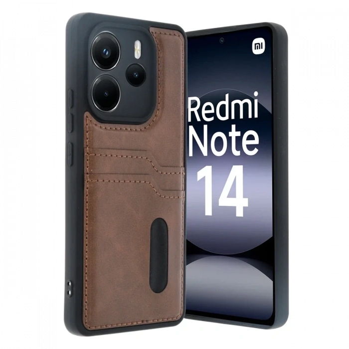 Newface Xiaomi Redmi Note 14 4G Kılıf Sara Kartvizitli Deri Kılıf - Taba