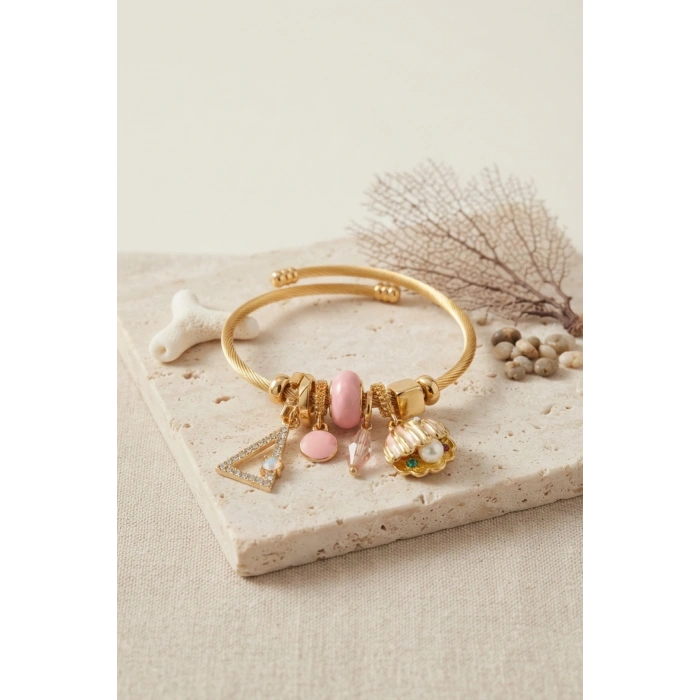Pembe Deniz Kabuğu Model Gold Renk Charmlı Bileklik