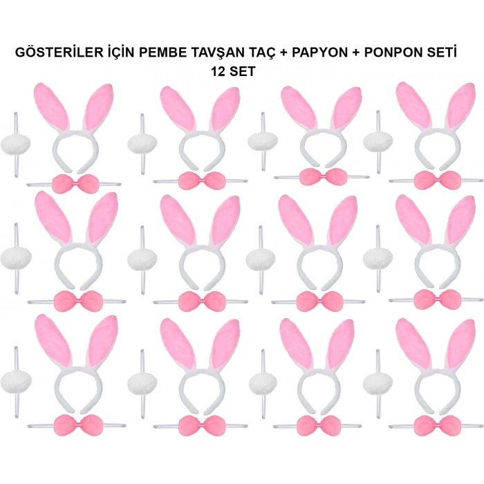 Pembe Tavşan Kostüm Seti – Taç, Papyon, Ponpon (12’li Paket)