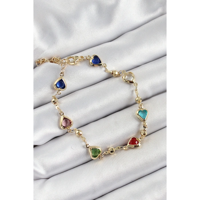 Pirinç Asorti Kalp Model Gold Renk Zirkon Taşlı Kadın Bileklik