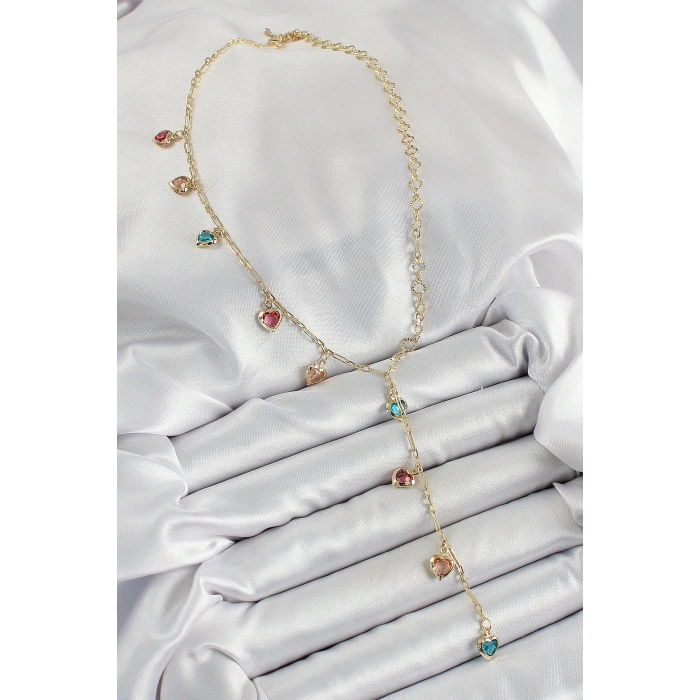 Pirinç Asorti Kalp Model Gold Renk Zirkon Taşlı Y Kolye