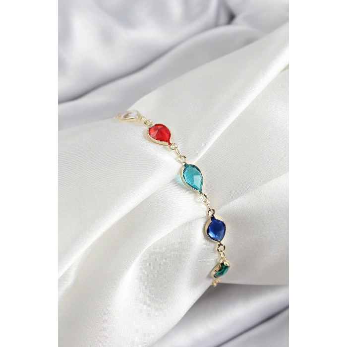 Pirinç Gold Renk Karışık Renk Damla Zirkon Taşlı Kadın Bileklik