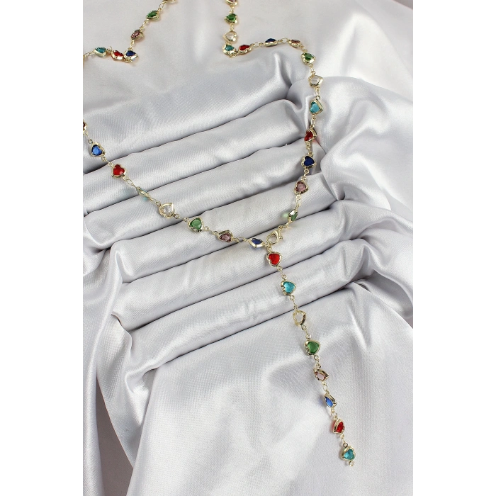 Pirinç Gold Renk Karışık Renk Zirkon Taşlı Kalpli Y Kadın Kolye