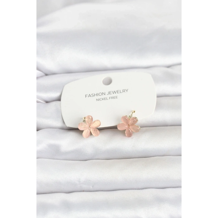 Pirinç Gold Renk Pembe Çiçek Model Çocuk Küpe