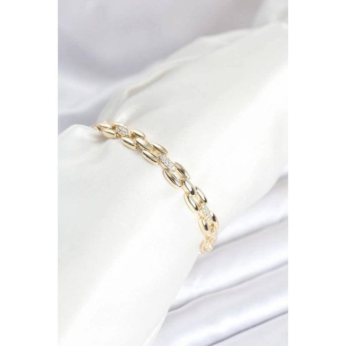Pirinç Gold Renk Zincir Model Zirkon Taşlı Kadın Bileklik