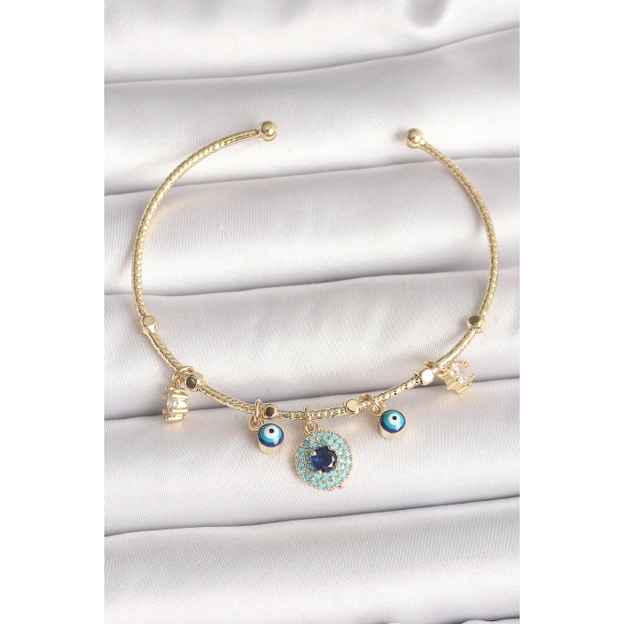 Pirinç Gold Renk Zirkon Taşlı Nazar Boncuk Detay Charm Kadın Bileklik