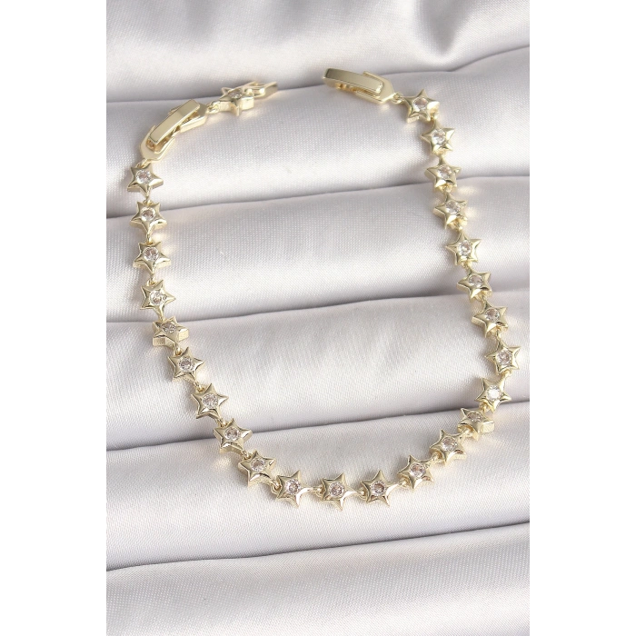 Pirinç Gold Renk Zirkon Taşlı Yıldız Model VIP Seri Kadın Bileklik