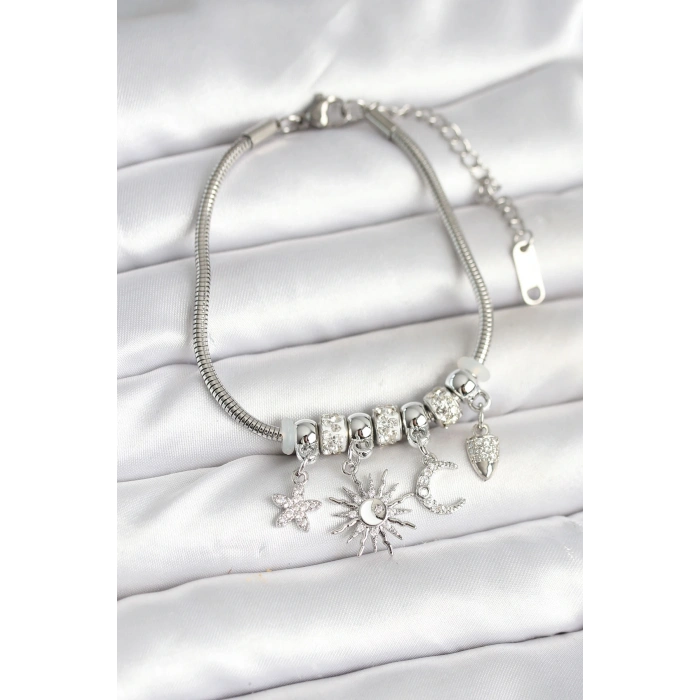 Pirinç Gümüş Renk Ay ve Güneş Charmlı Kadın Bileklik