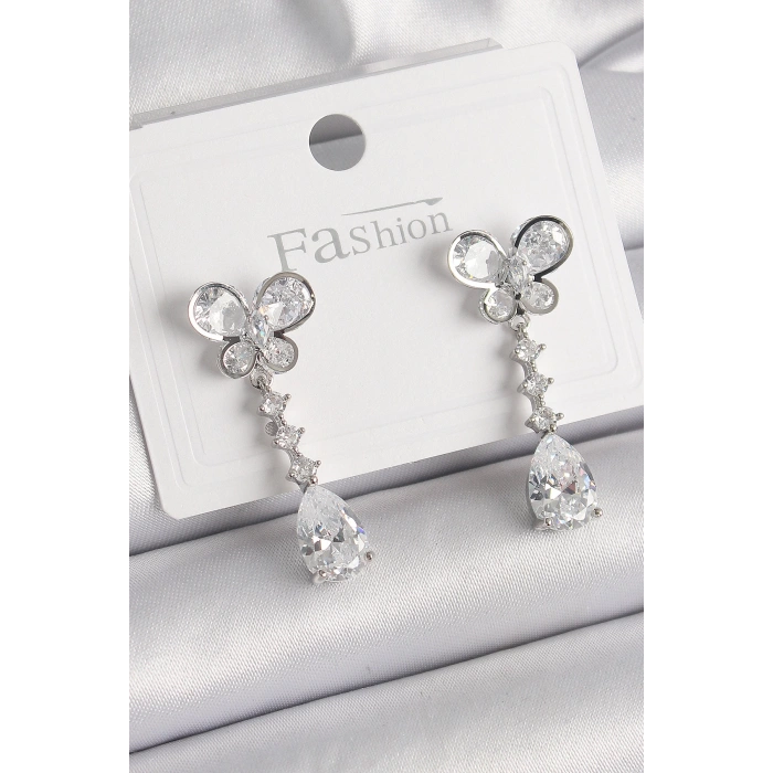 Pirinç Gümüş Renk Kelebek Model Sallantı Damla Zirkon Taşlı Kadın Küpe