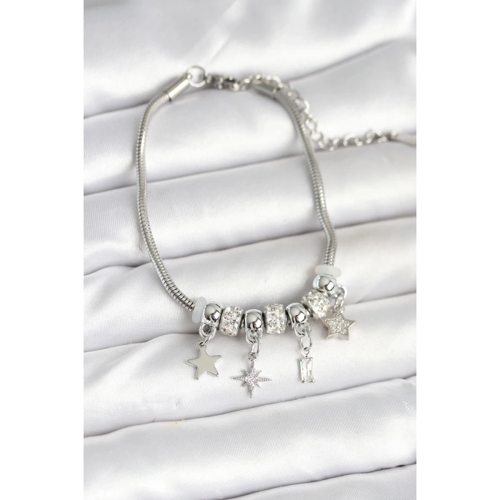 Pirinç Gümüş Renk Kutup Yıldızı Charmlı Kadın Bileklik