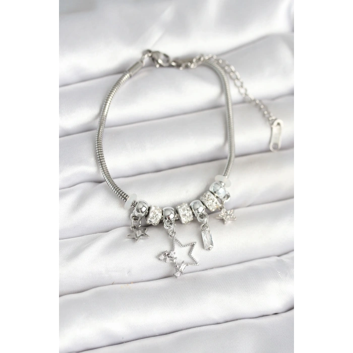 Pirinç Gümüş Renk Yıldız Charmlı Kadın Bileklik