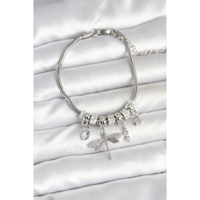 Pirinç Gümüş Renk Yusufçuk Charmlı Kadın Bileklik