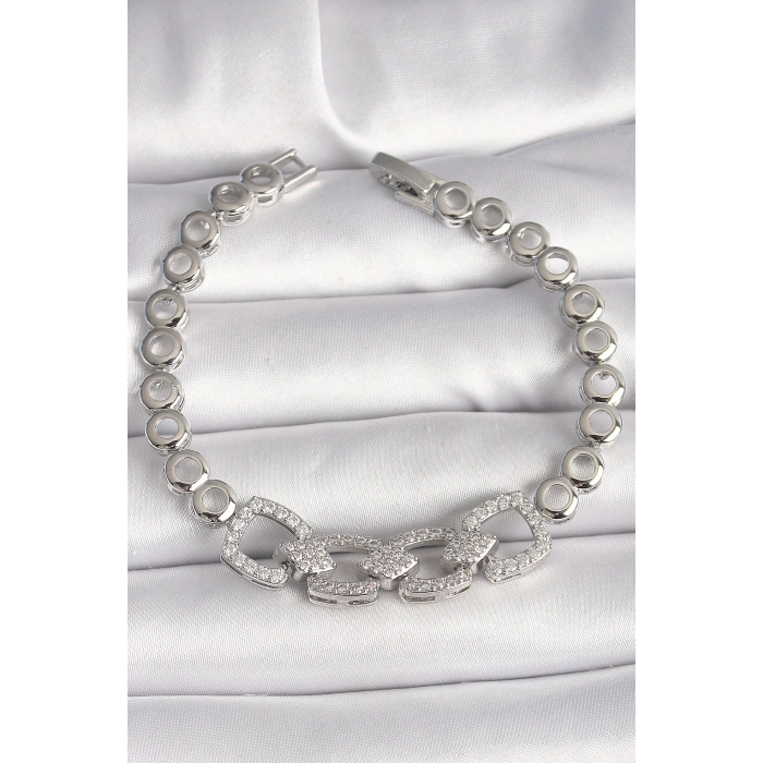 Pirinç Gümüş Renk Zirkon Taşlı Daire Zincir Model Kadın Bileklik