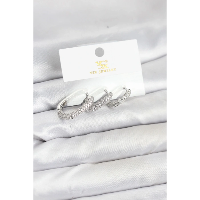 Pirinç Gümüş Renk Zirkon Taşlı Halka Model YSX Trio Küpe Seti