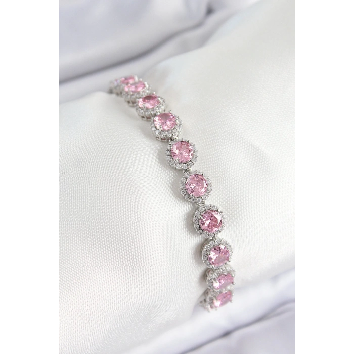 Pirinç Pembe Zirkon Taşlı Daire Baget Model Gümüş Renk VIP Seri Kadın Bileklik