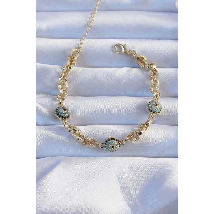 Pirinç Zincir Vip Seri Altın Renk Zirkon Taşlı Nazarlı Bileklik