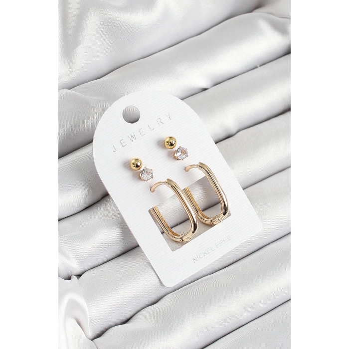 Pirinç Zirkon Taş Ve Dikdörtgen Figürlü Gold Renk 3lü Çift Kadın Küpe Set