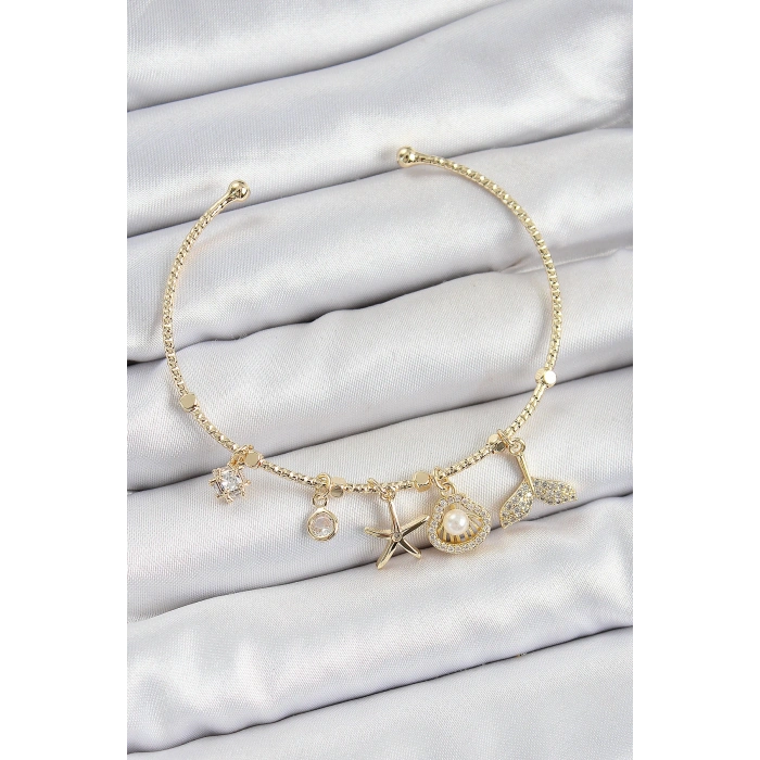Pirinç Zirkon Taşlı İstiridye Ve Deniz Yıldızı Model Gold Renk Charm Bileklik