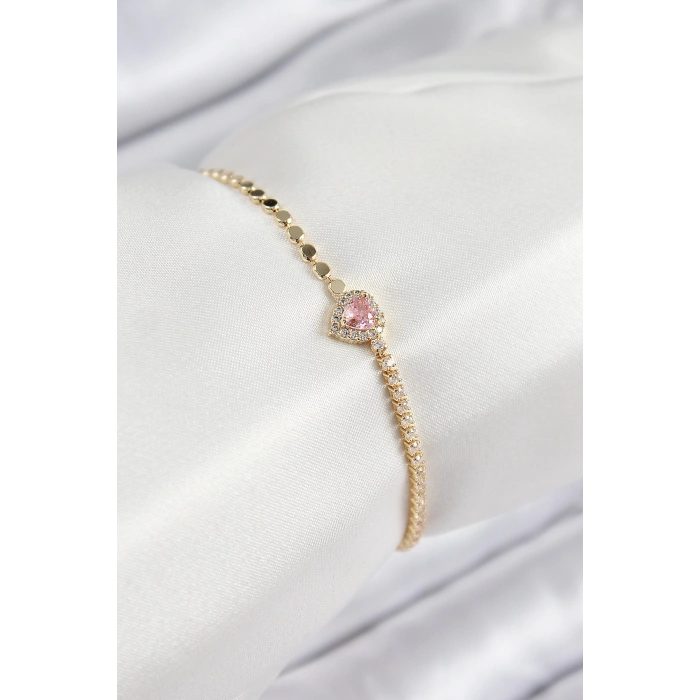 Pirinç Zirkon Taşlı Kalp Model Ezme Zincir Gold Renk Kadın Bileklik
