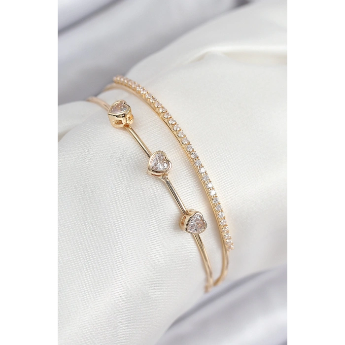 Pirinç Zirkon Taşlı Kalp Model Gold Renk Kadın Bileklik