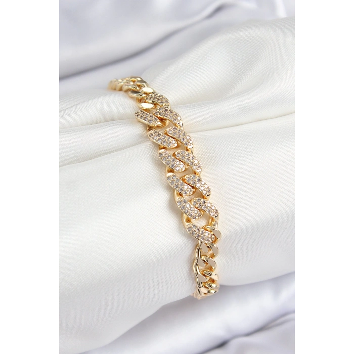 Pirinç Zirkon Taşlı Küba Zincir Model Gold Renk Kadın Bileklik