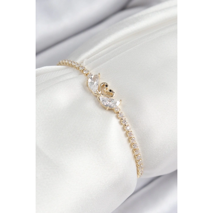 Pirinç Zirkon Taşlı Kuğu Model Gold Renk Asansörlü Kadın Bileklik