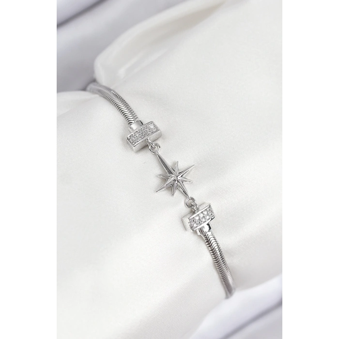 Pirinç Zirkon Taşlı Kutup Yıldızı Model Gümüş Renk Kadın Bileklik