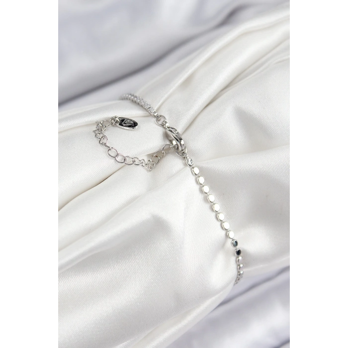 Pirinç Zirkon Taşlı Nazar Model Ezme Zincir Gümüş Renk Kadın Bileklik