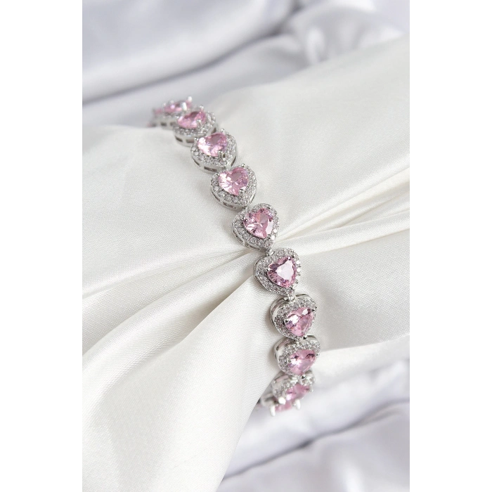 Pirinç Zirkon Taşlı Pembe Kalp Baget Model Gümüş Renk VIP Seri Kadın Bileklik