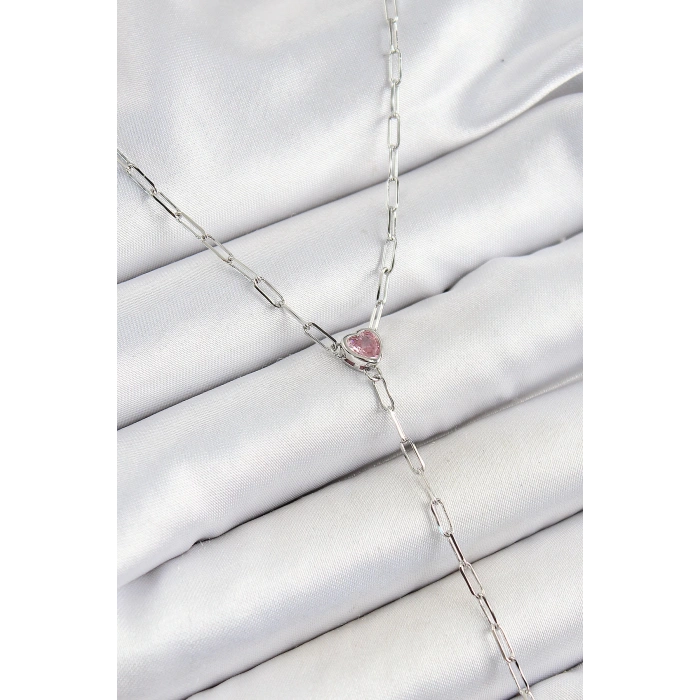 Pirinç Zirkon Taşlı Pembe Kalp Figürlü Y Model Gümüş Renk Kadın Kolye