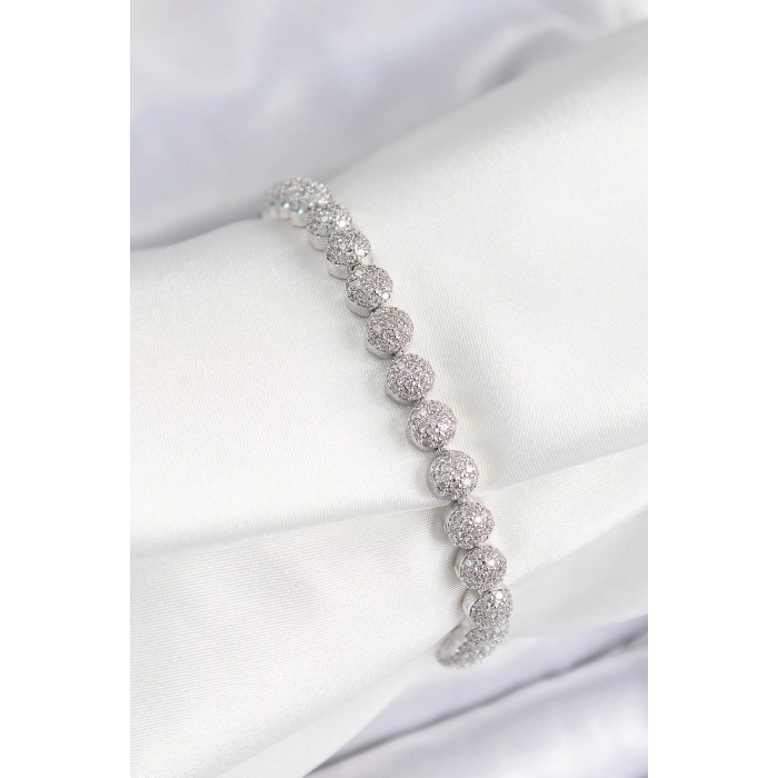 Pirinç Zirkon Taşlı Yarım Topcuk Model Gümüş Renk VIP Seri Kadın Bileklik