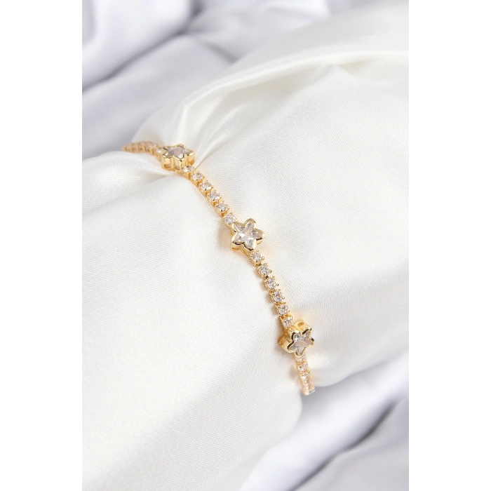 Pirinç Zirkon Taşlı Yıldız Model Gold Renk Asansörlü Kadın Bileklik