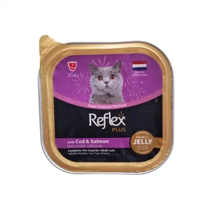 Reflex Plus Jöle İçinde Parça Morina Balıklı ve Somonlu Yetişkin Konserve Kedi Maması 85 Gr 1 Adet