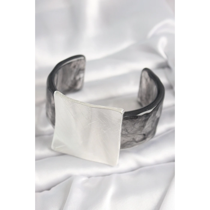 Siyah Mermer Desen Akrilik Plastik Gümüş Kare Plaka Model Vintage Kadın Bilezik