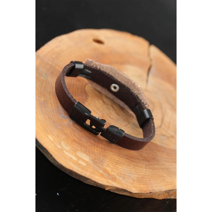 Siyah Sonsuzluklu Metal Aksesuarlı Kahverengi Deri Erkek Bileklik