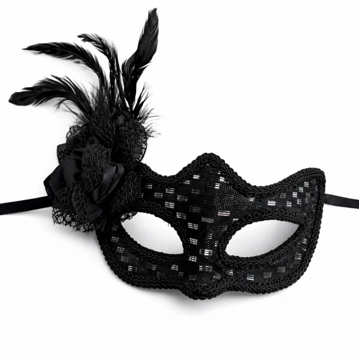 Siyah Tüylü Balo Maskesi Kadın Parti Aksesuarı