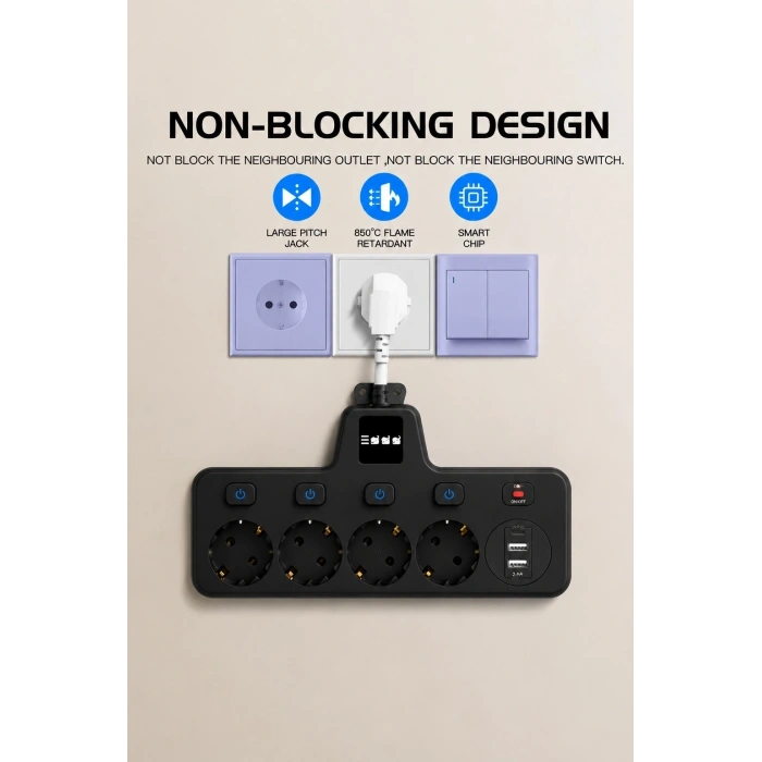 Termal Akım Korumalı 4’lü Duvar Tipi Priz 2x Usb 2x Type-c Çıkışlı Grup Priz Çoğaltıcı Siyah (2500w)