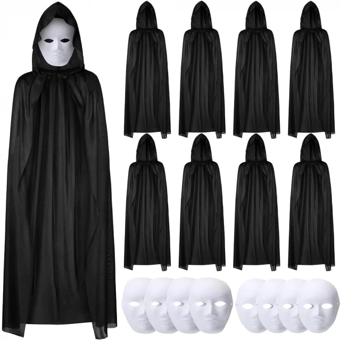 Üreticiniz 120 Cm Siyah Kapüşonlu Pelerin Ve Boyanabilir Karton Maske 8’li Set