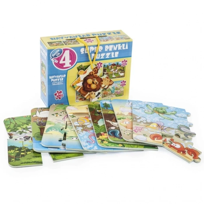 Üreticiniz 1481 Süper Renkli 4lü Puzzle - Hayvanlar / 8+12+16+24 Parça Puzzle