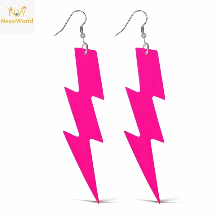 Üreticiniz 80’ler 90'lar Retro Neon Pembe Şimşek Küpe 10 Cm