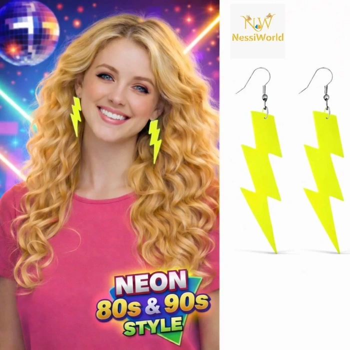 Üreticiniz 80’ler 90'lar Retro Neon Sarı Şimşek Küpe 10 Cm