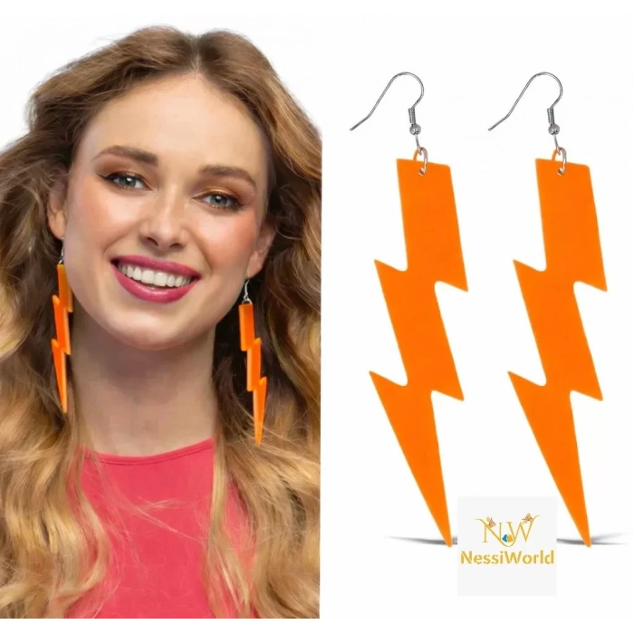 Üreticiniz 80’ler 90'lar Retro Neon Turuncu Şimşek Küpe 10 Cm