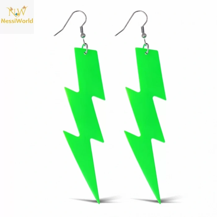Üreticiniz 80’ler 90'lar Retro Neon Yeşil Şimşek Küpe 10 Cm